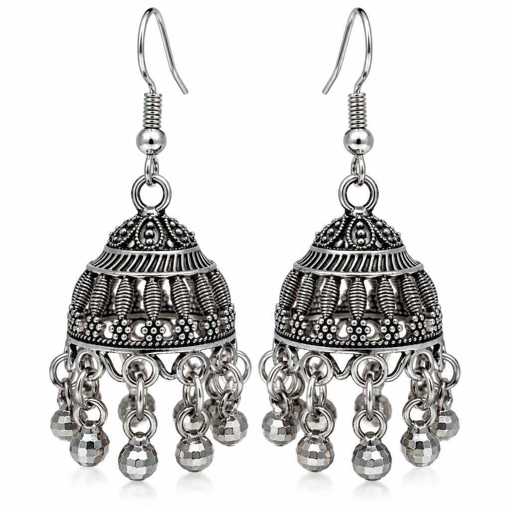 JH-79 oxidized silver jhumka earrings on white background