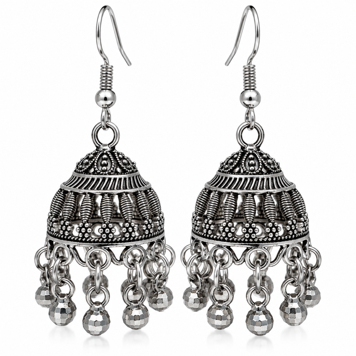 JH-79 oxidized silver jhumka earrings on white background