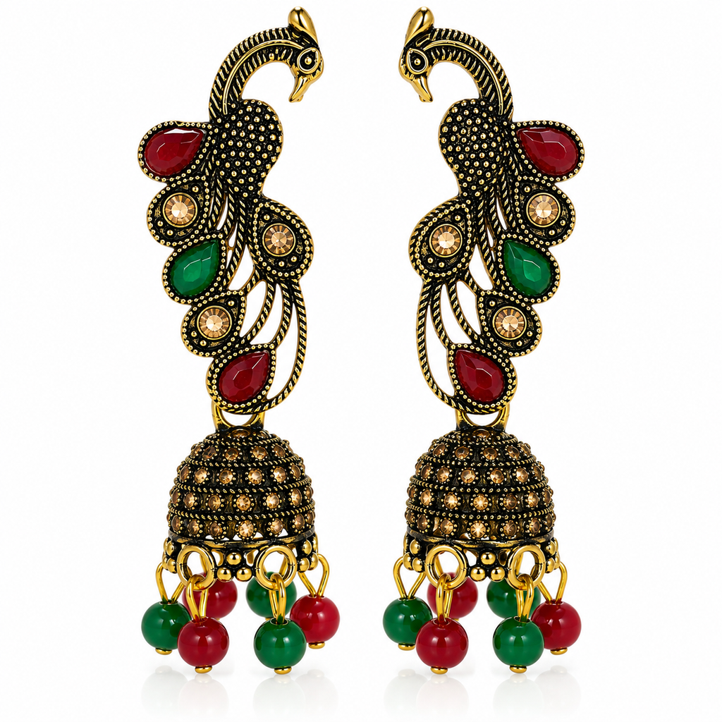 Antique gold peacock jhumka earrings front view on white background