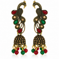 Antique gold peacock jhumka earrings front view on white background