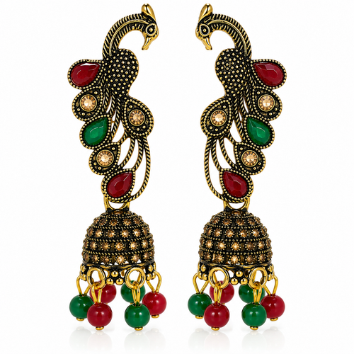 Antique gold peacock jhumka earrings front view on white background
