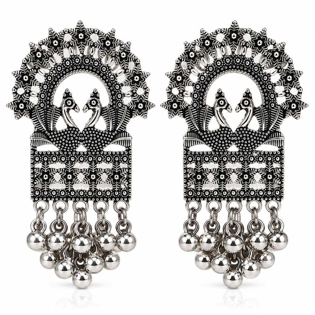 JH-70 oxidised silver-tone peacock earrings on white background