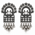 JH-70 oxidised silver-tone peacock earrings on white background