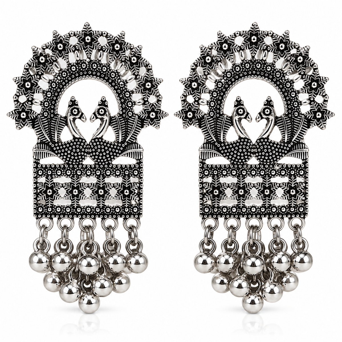 JH-70 oxidised silver-tone peacock earrings on white background