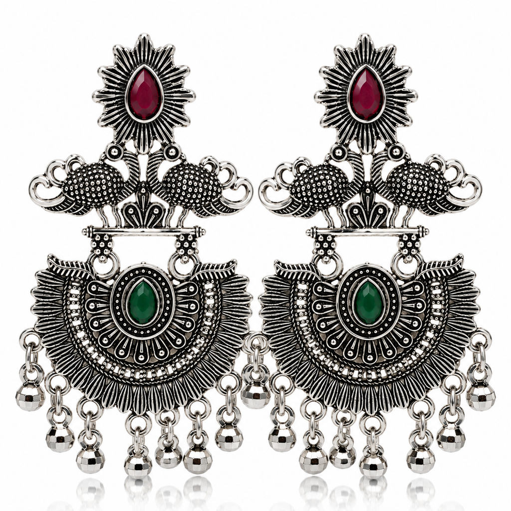 Oxidised peacock chandbali earrings red and green stones main image