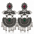 Oxidised peacock chandbali earrings red and green stones main image