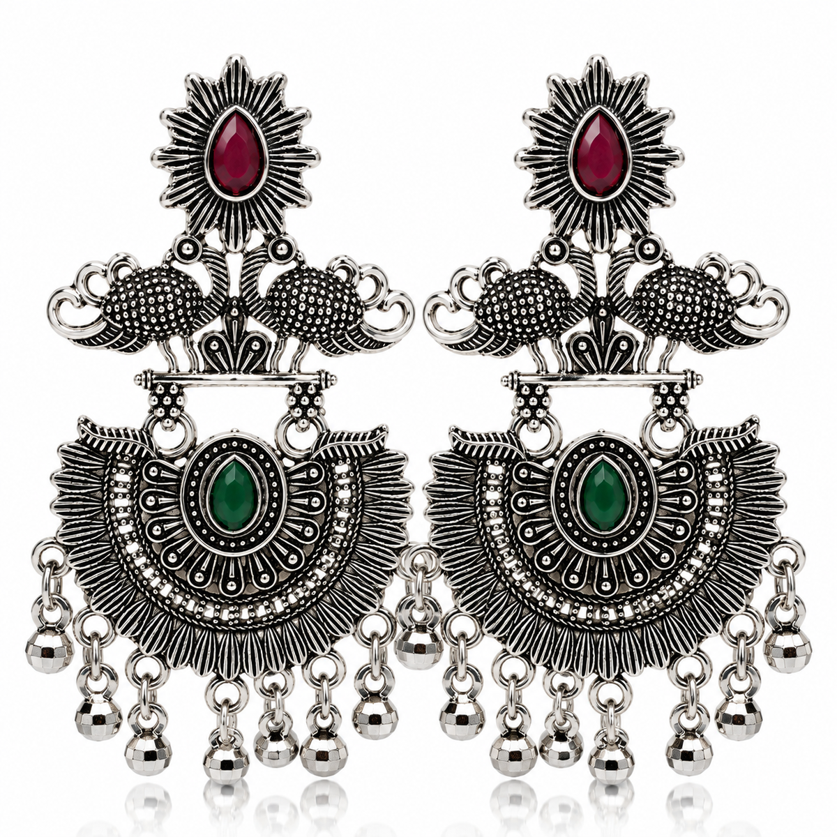 Oxidised peacock chandbali earrings red and green stones main image