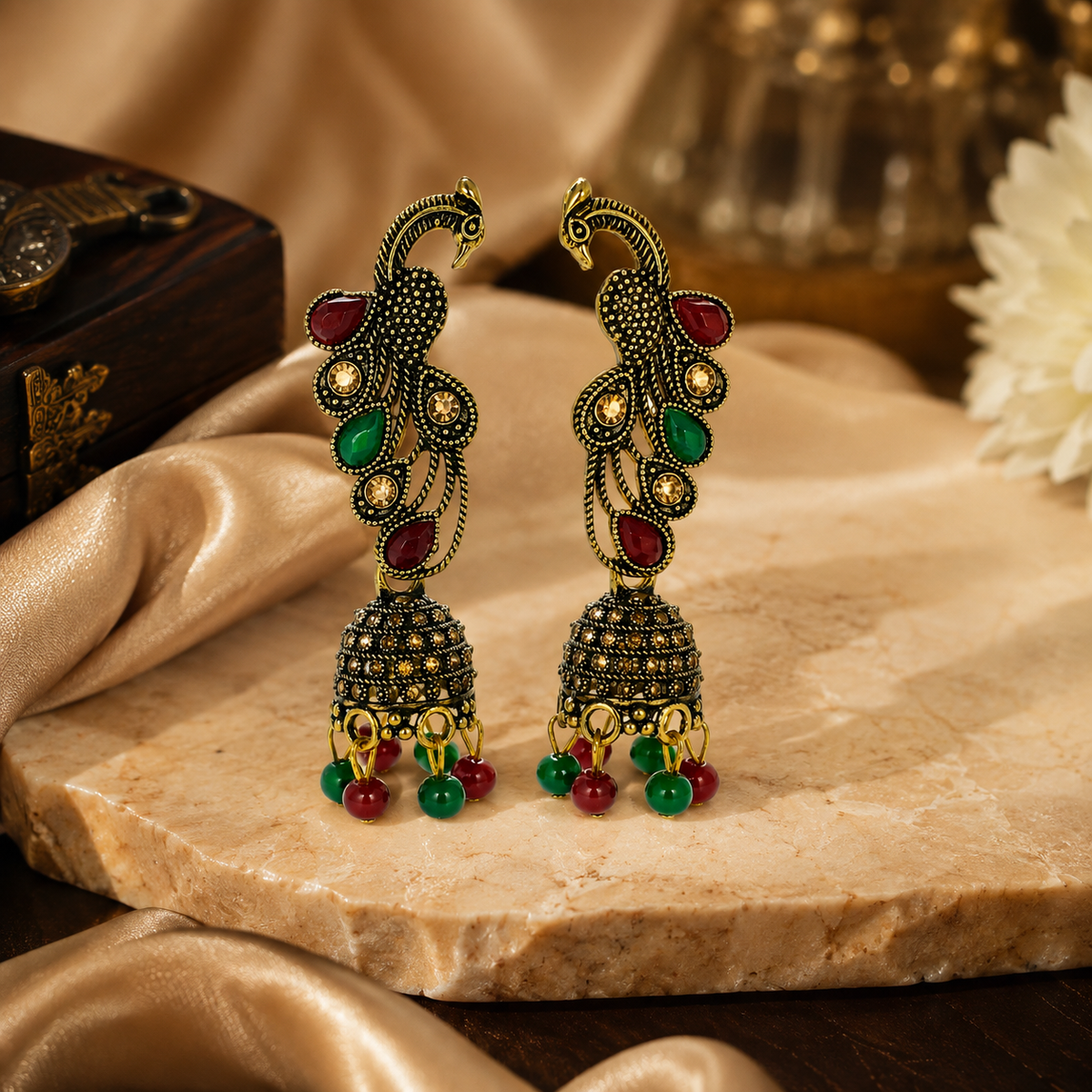 Peacock jhumka earrings premium lifestyle view