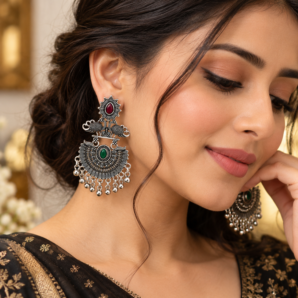 JH-71 peacock earrings on model