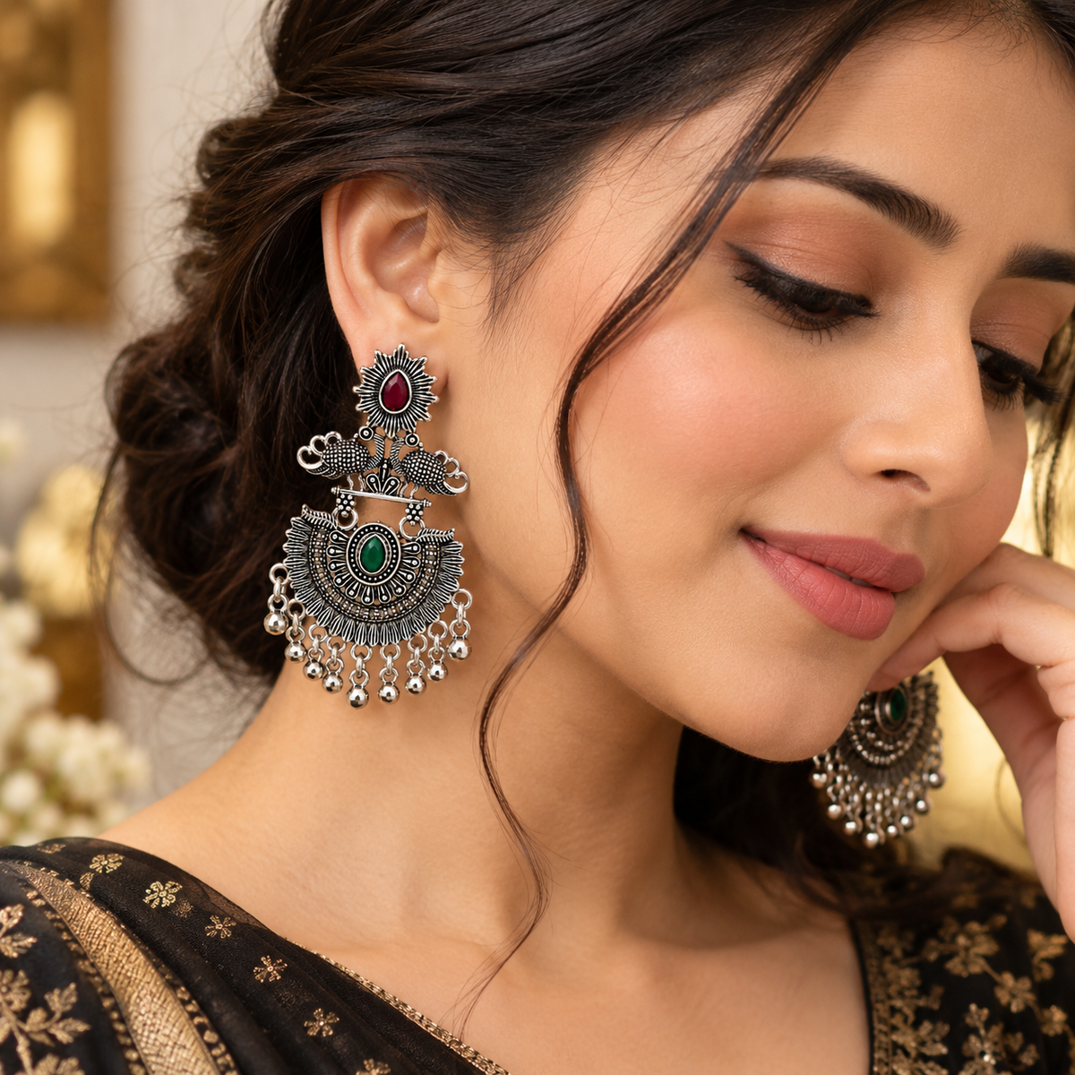 JH-71 peacock earrings on model