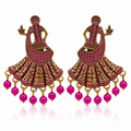 Gold tone pink festive dangler earrings with dancing figure motif and bead fringe, pair