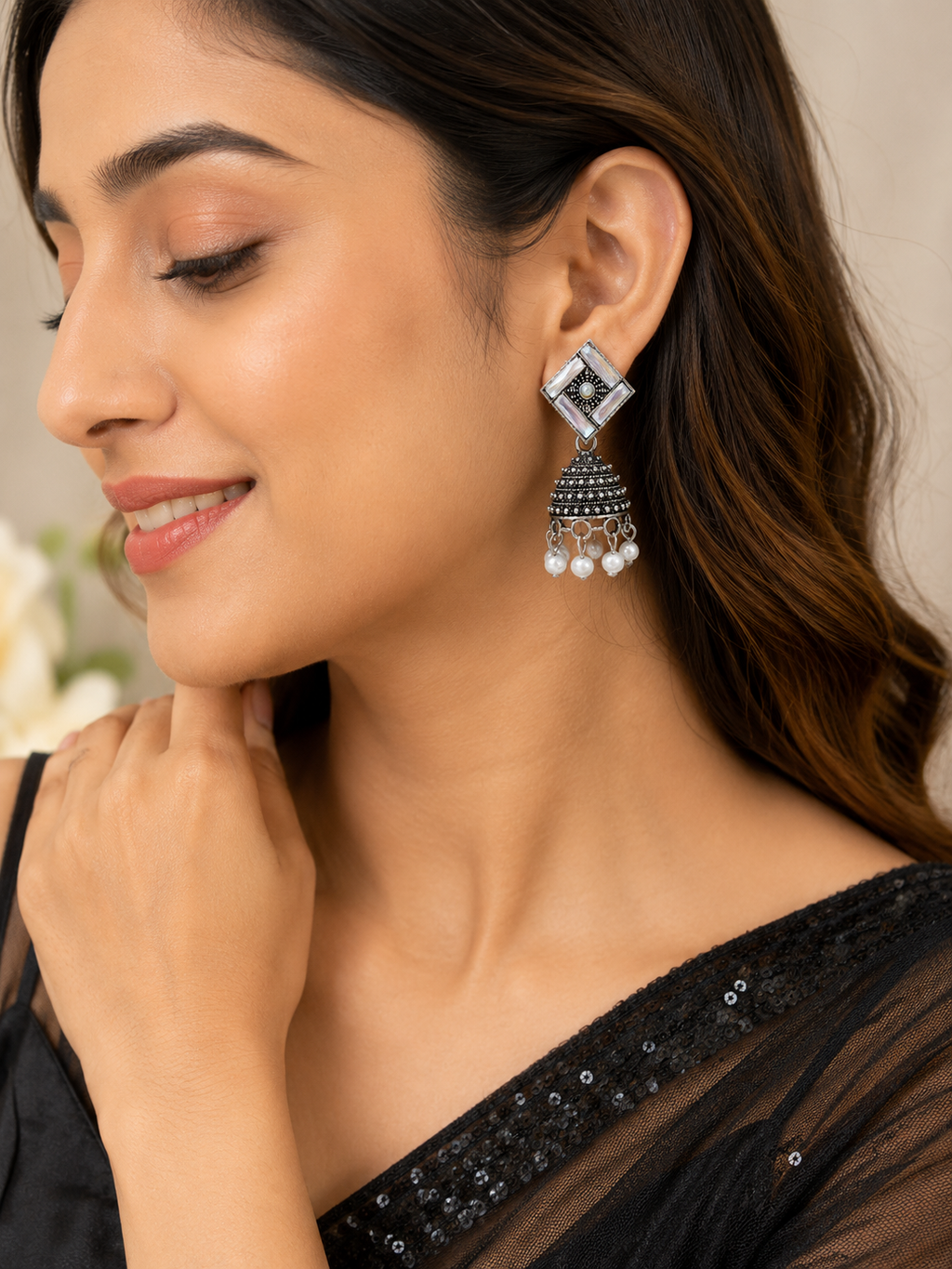 Model wearing JH-72 silver-tone jhumka earrings