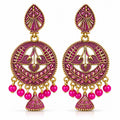 Pair of pink and gold round jhumka drop earrings on white background