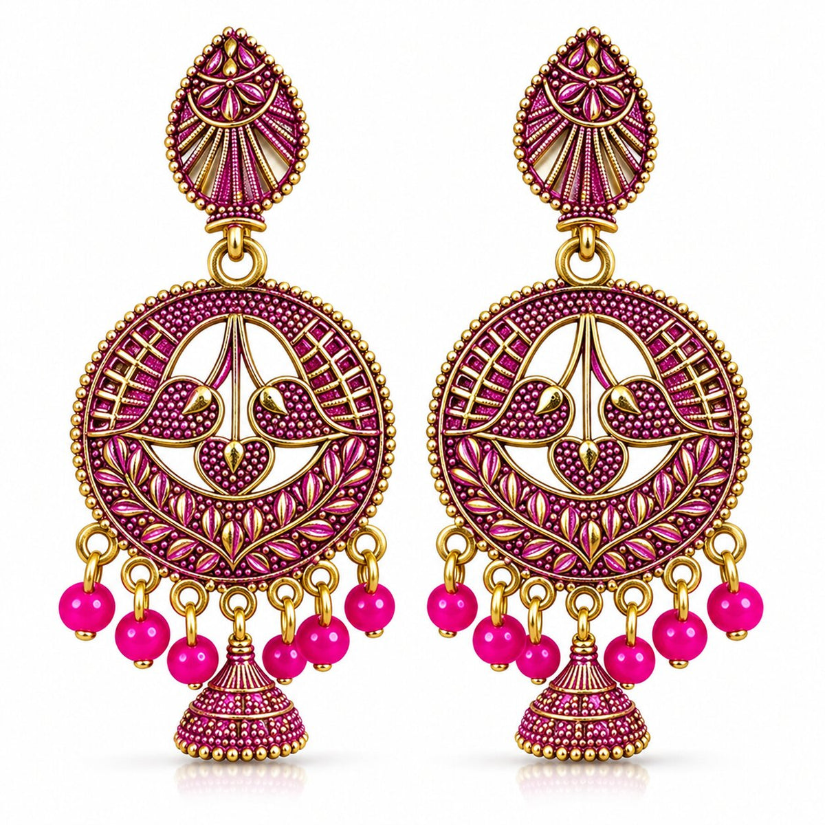 Pair of pink and gold round jhumka drop earrings on white background