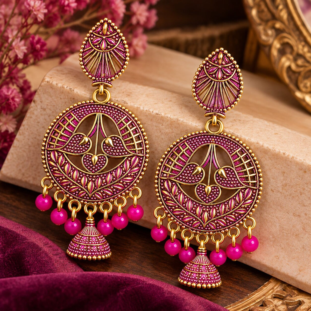 Pink and gold earrings in a festive styled setting