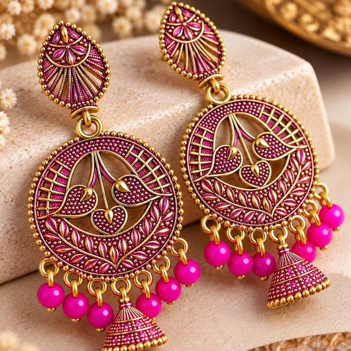 Close-up of pink and gold round earrings and jhumka charms