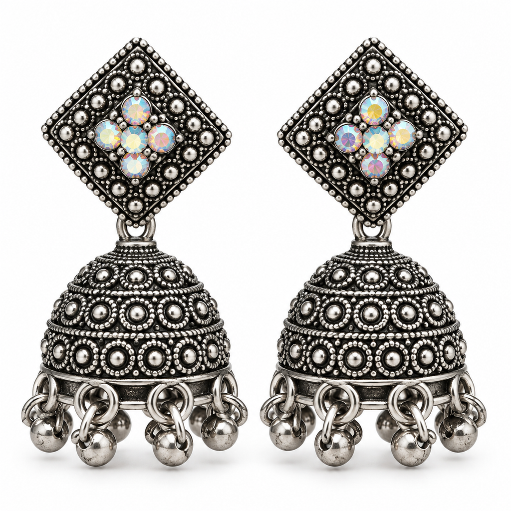 Oxidised silver tone square stud jhumka earrings, pair