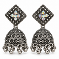 Oxidised silver tone square stud jhumka earrings, pair