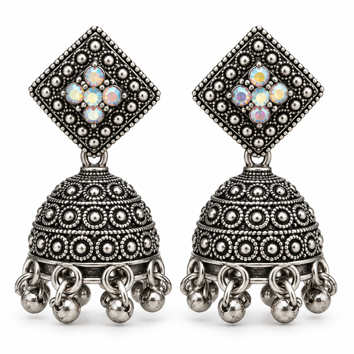 Oxidised silver tone square stud jhumka earrings, pair
