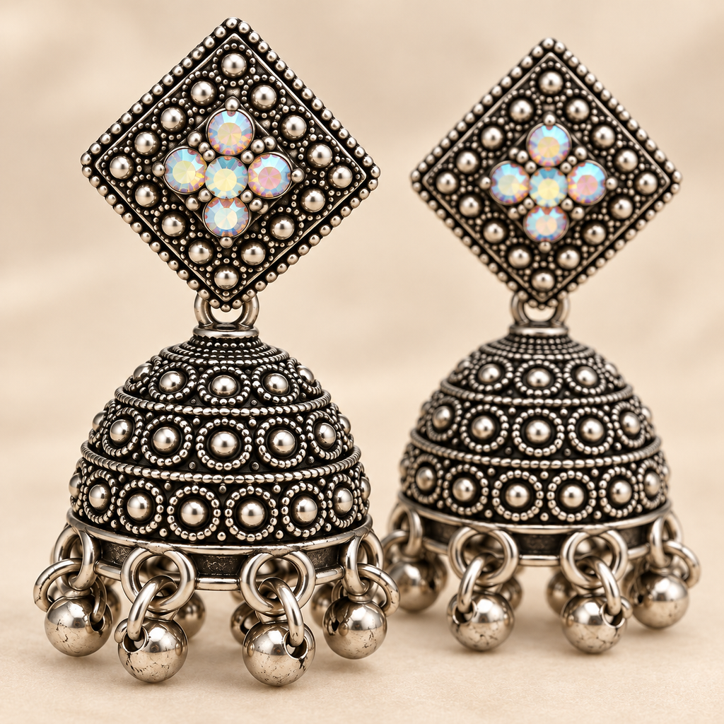 Detail of square stud and jhumka dome