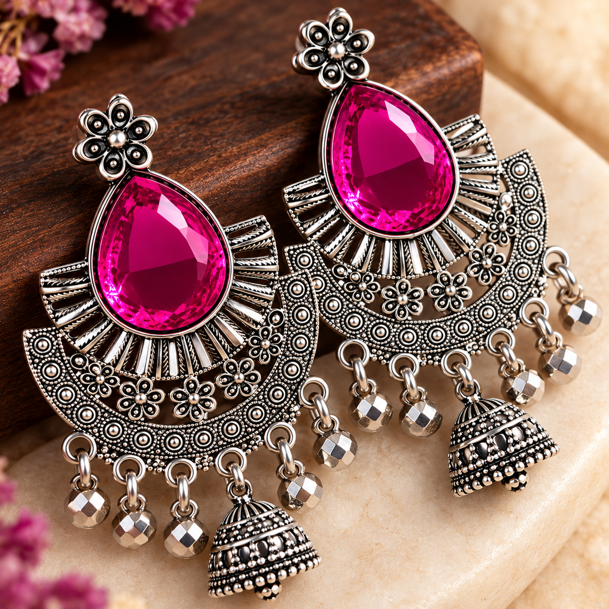 Close-up of pink stone oxidised silver jhumka earrings