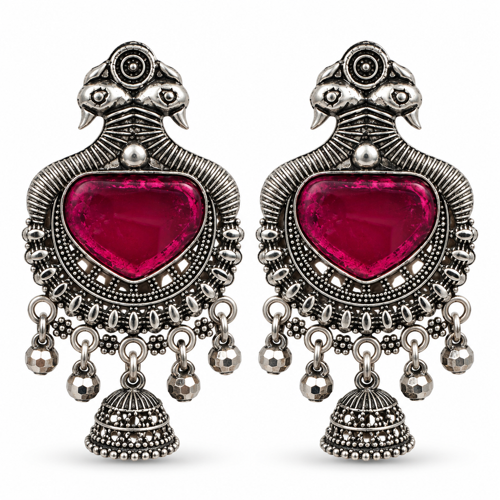 Pink Stone Oxidised Silver-Tone Bird Motif Jhumka Earrings