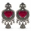 Pink Stone Oxidised Silver-Tone Bird Motif Jhumka Earrings