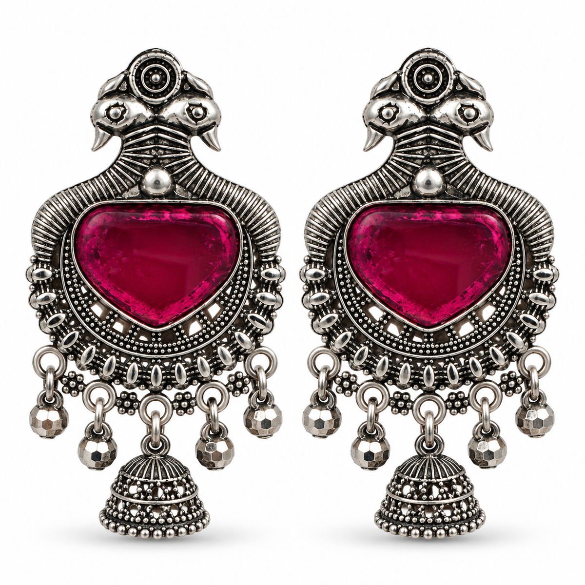 Pink Stone Oxidised Silver-Tone Bird Motif Jhumka Earrings