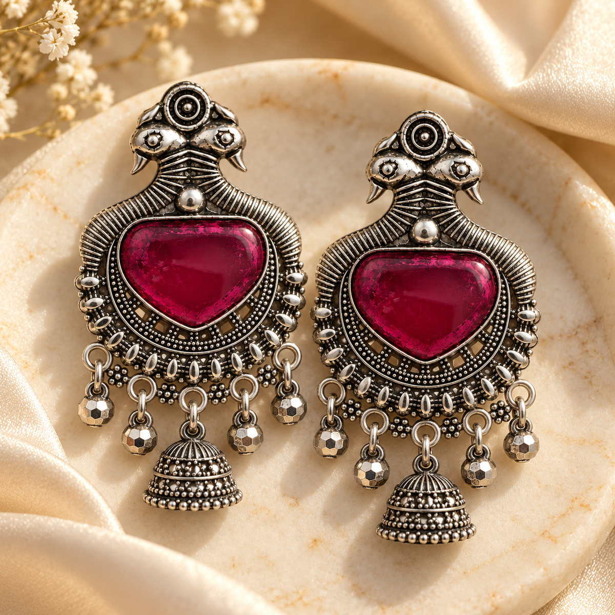 Pink Stone Oxidised Silver-Tone Bird Motif Jhumka Earrings
