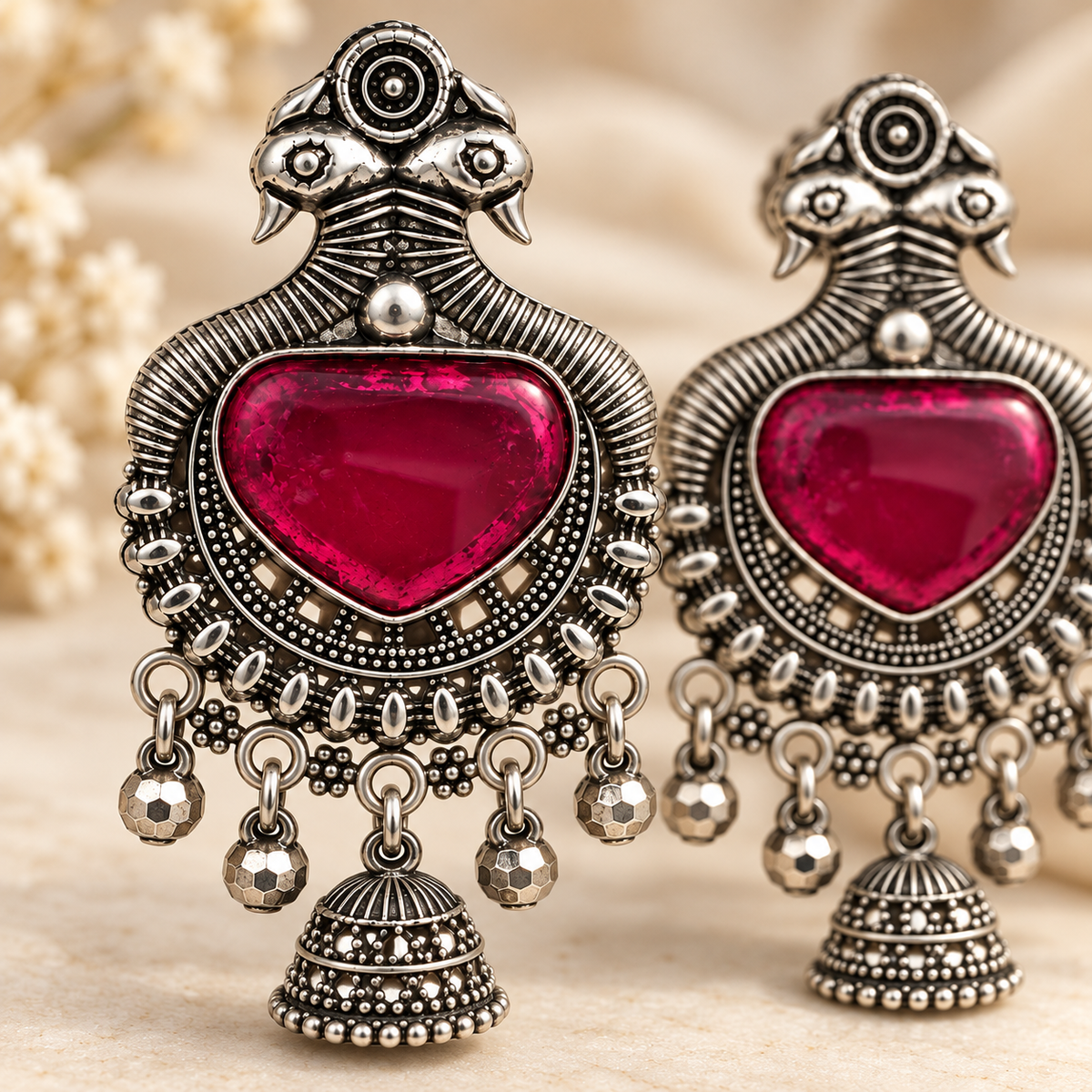 Pink Stone Oxidised Silver-Tone Bird Motif Jhumka Earrings