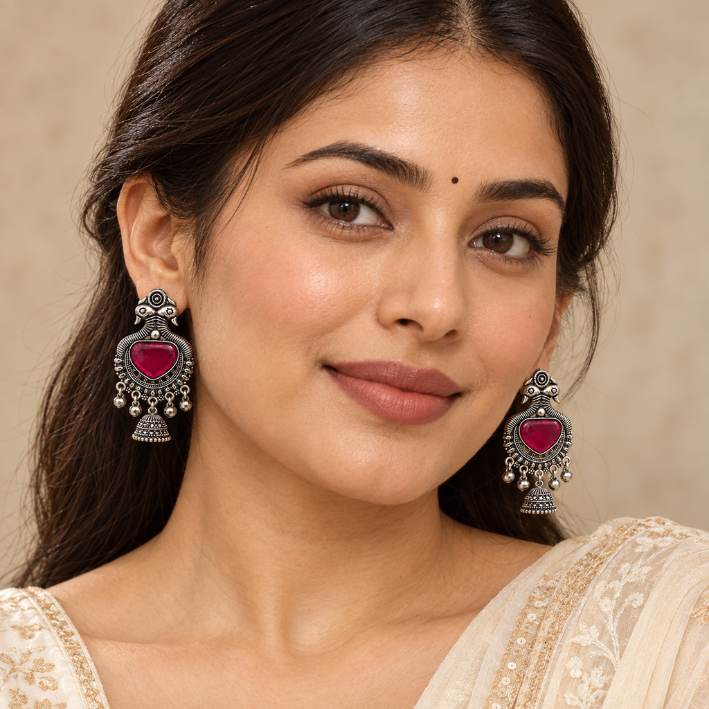 Pink Stone Oxidised Silver-Tone Bird Motif Jhumka Earrings