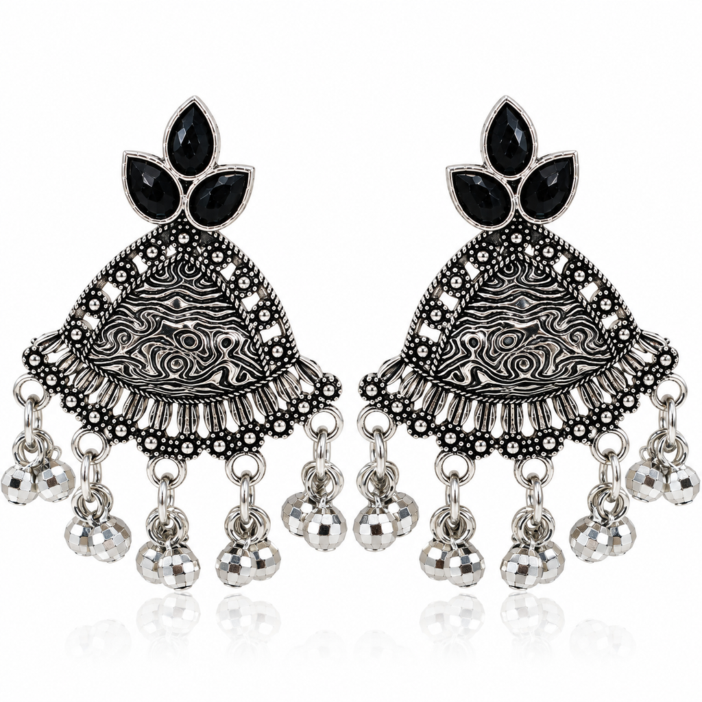 JH-64 oxidised silver-tone black stone earrings on white