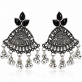 JH-64 oxidised silver-tone black stone earrings on white