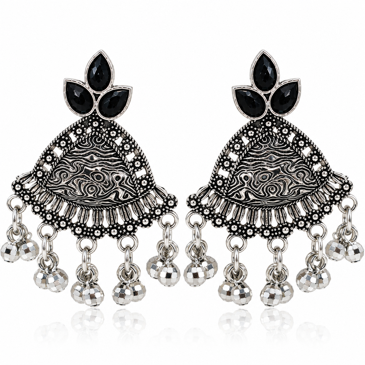 JH-64 oxidised silver-tone black stone earrings on white