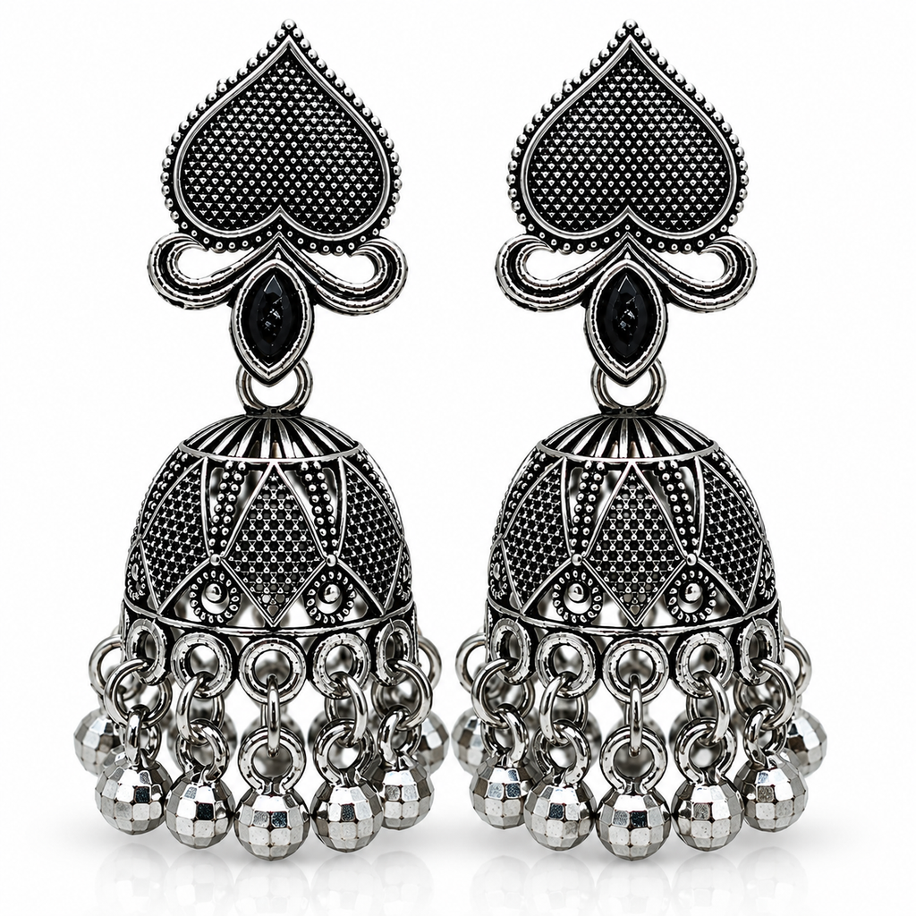 JH-65 oxidised silver jhumka earrings on white background