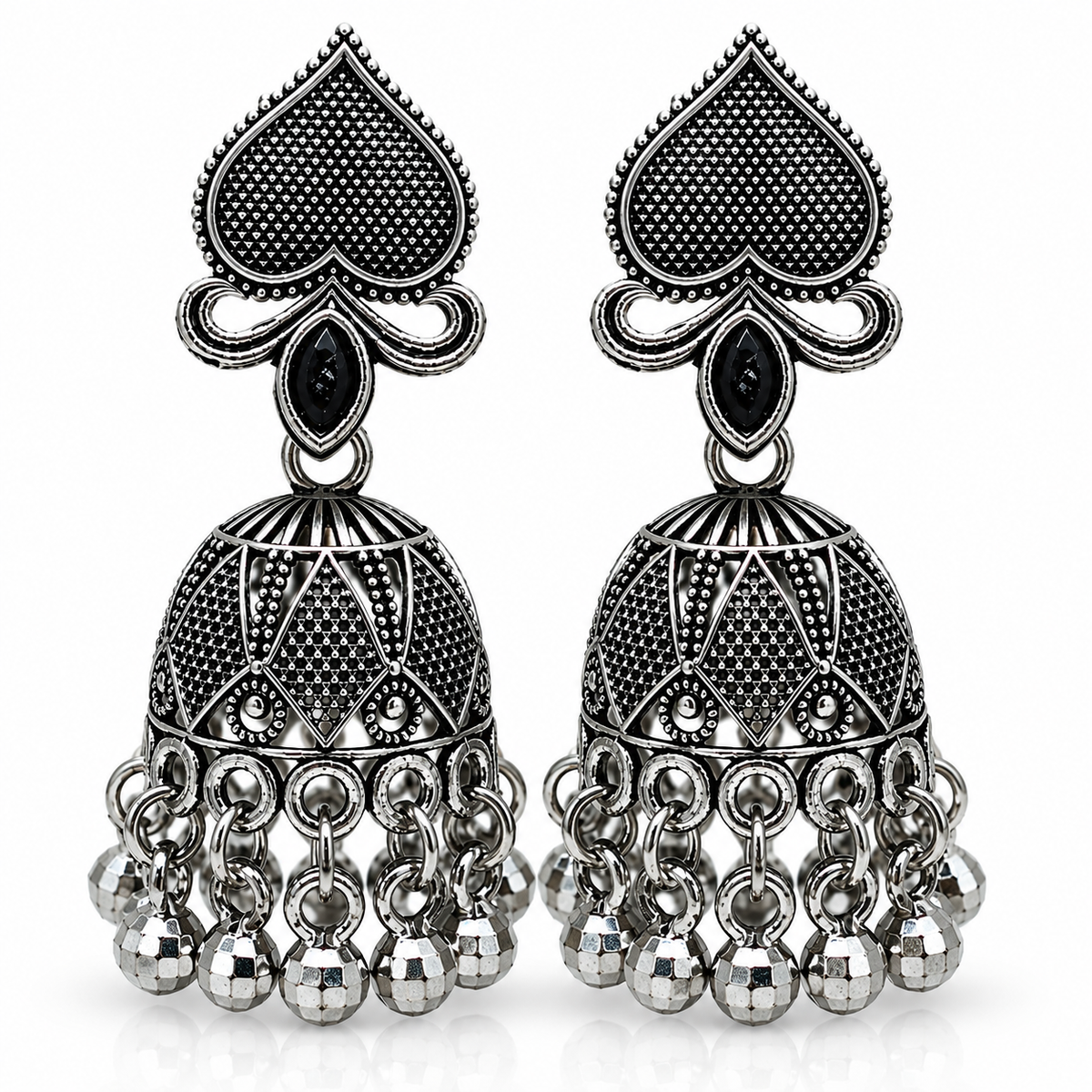 JH-65 oxidised silver jhumka earrings on white background