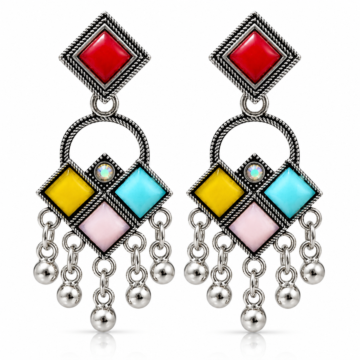Pair of multicolor oxidised geometric dangler earrings on white background