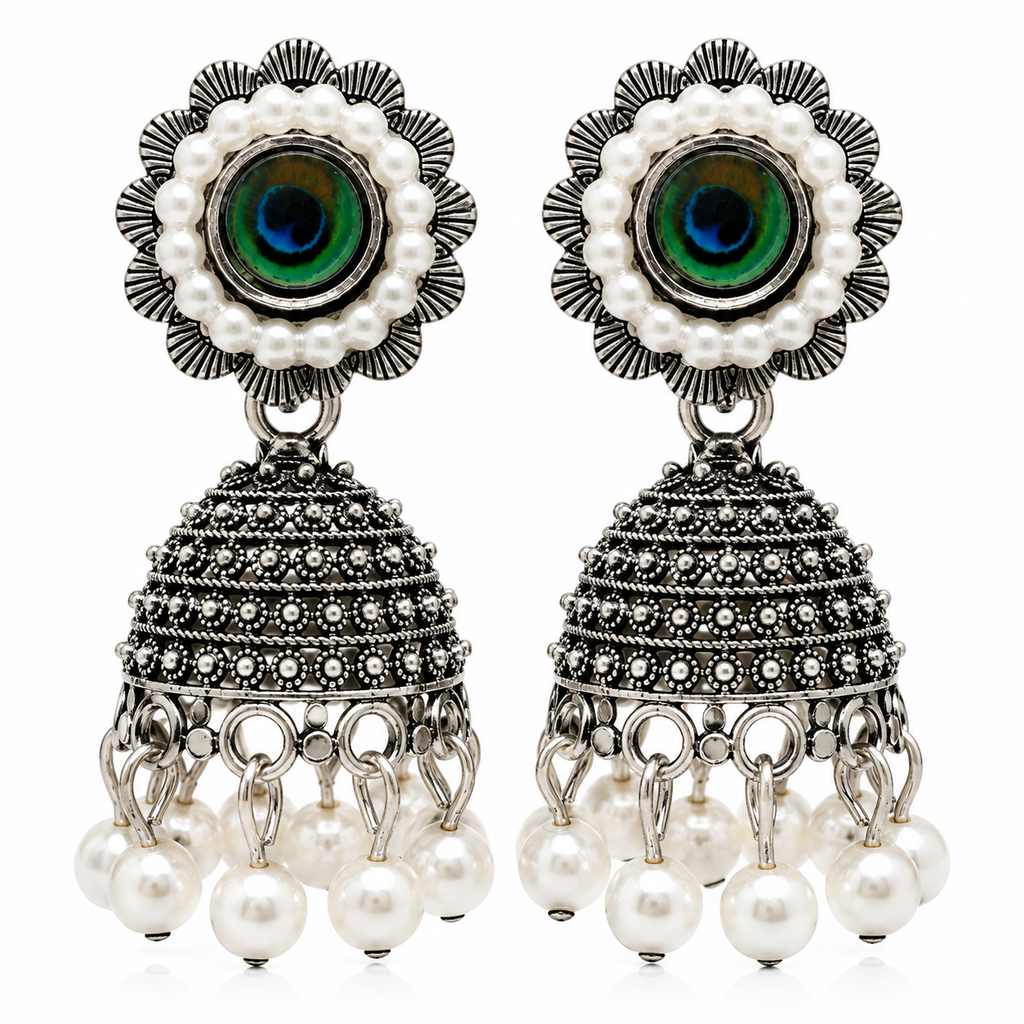 JH-69 oxidised silver peacock pearl jhumka earrings front on white