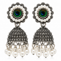 JH-69 oxidised silver peacock pearl jhumka earrings front on white