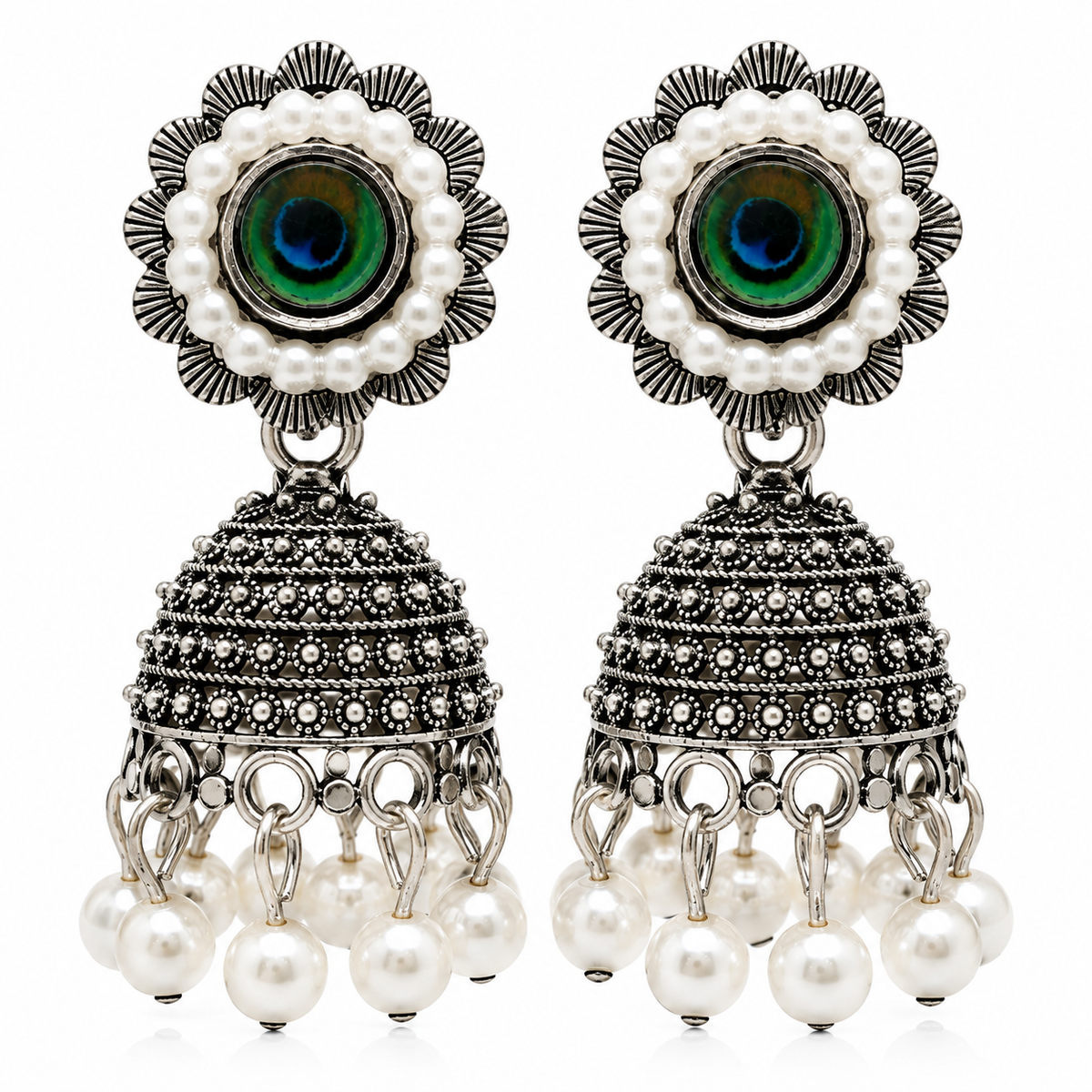 JH-69 oxidised silver peacock pearl jhumka earrings front on white