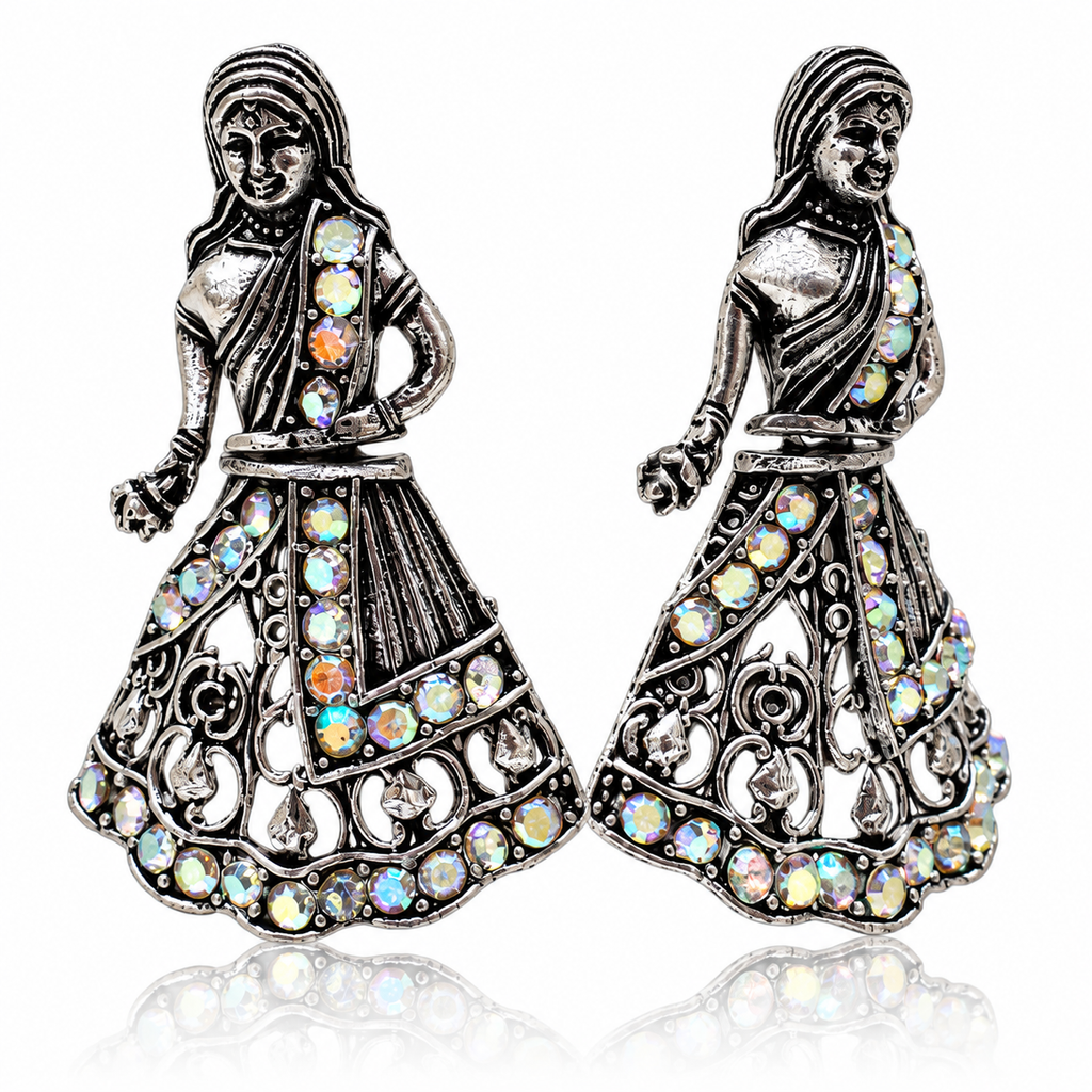 JH-74 oxidised silver tone figurine earrings on white background