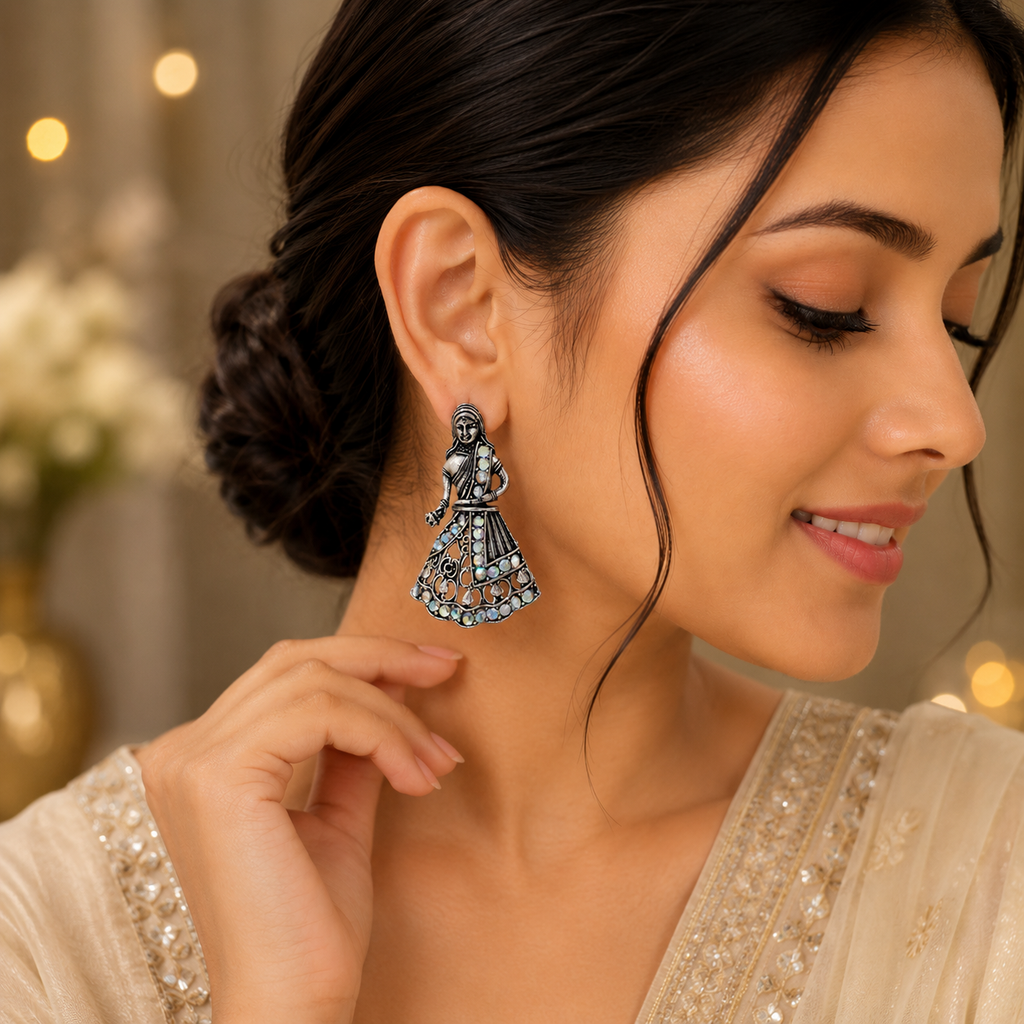 Model wearing JH-74 figurine earrings