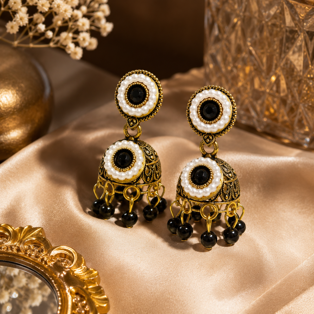 Black pearl-style jhumka earrings on premium fabric