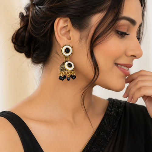 Black and white jhumka worn by model
