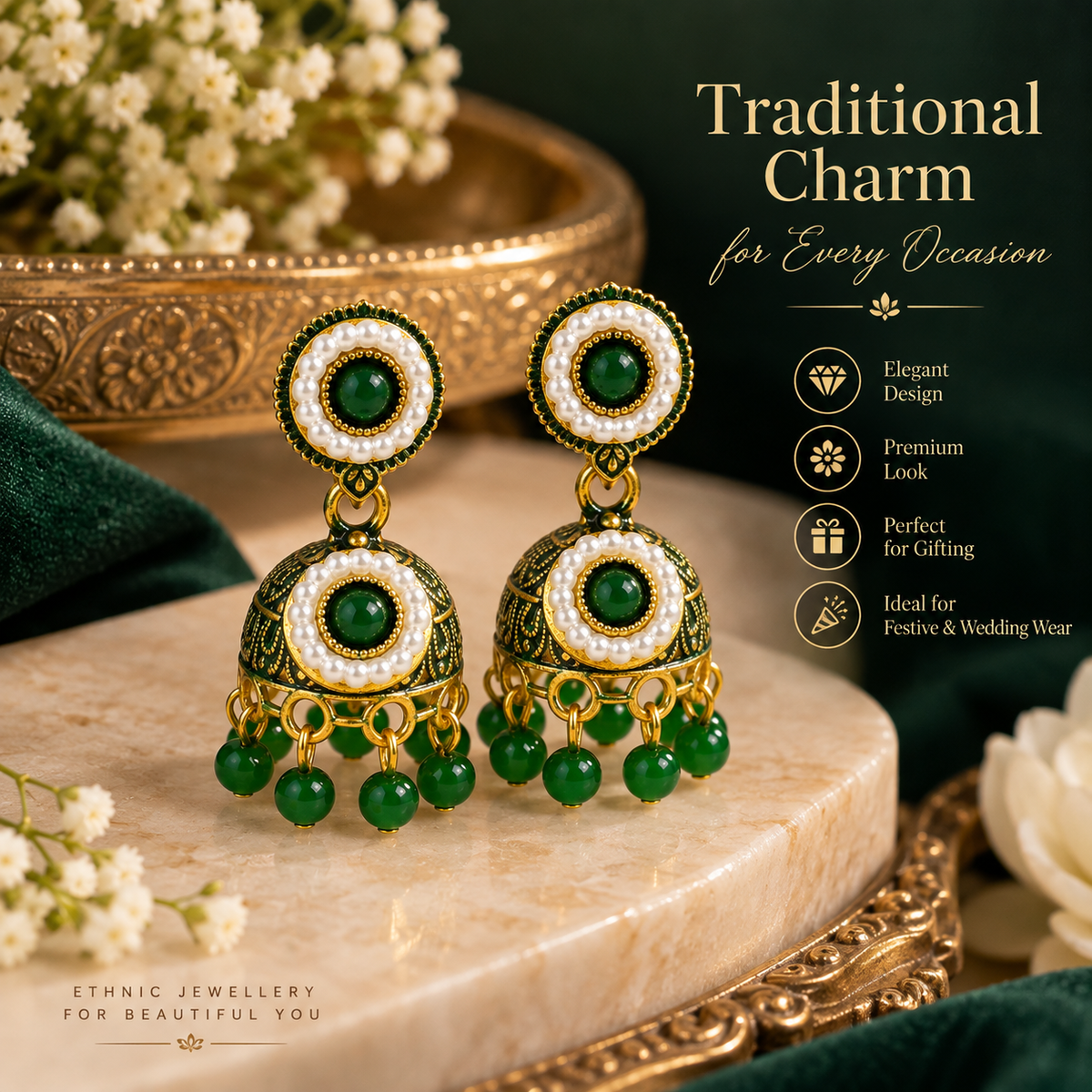 Green and gold pearl accent jhumka earrings feature image