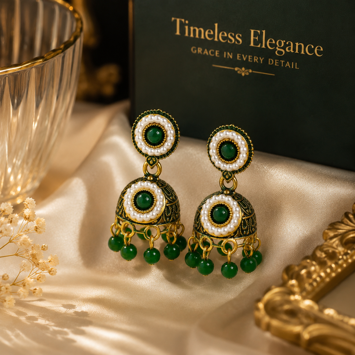 Green and gold jhumka earrings premium satin lifestyle photo