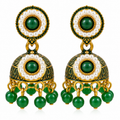 Pair of green and gold pearl-accent jhumka earrings on white background
