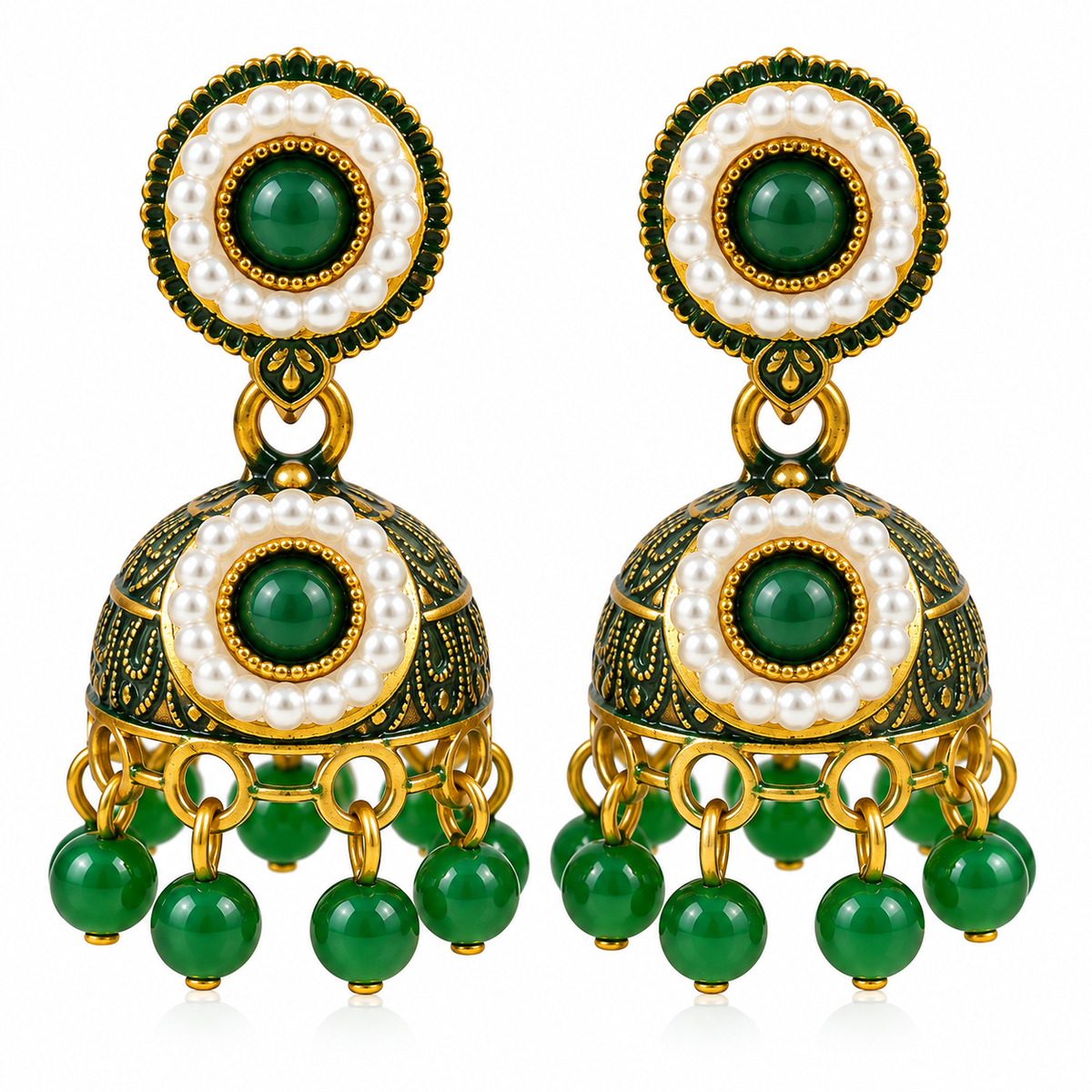 Pair of green and gold pearl-accent jhumka earrings on white background